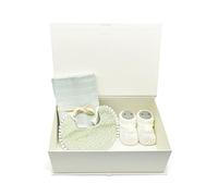 KitchKit Luxury Baby Gift Set, Knitted Blanket, Patterned Muslin Blanket, Gingham Bib, Knitted Baby Booties, Baby Shoes, Shaped Wooden Teether, Headband or Pacifier Hanger (3, Green, Basic Set)