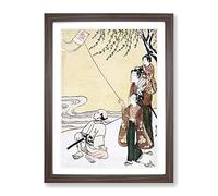 Kite Flying By Harunobu Suzuki Asian Japanese Framed Wall Art Print, Ready to Hang Picture for Living Room Bedroom Home Office Décor, Walnut A4 (34 x 25 cm)