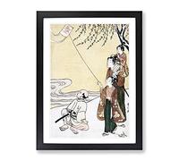Kite Flying By Harunobu Suzuki Asian Japanese Framed Wall Art Print, Ready to Hang Picture for Living Room Bedroom Home Office Décor, Black A4 (34 x 25 cm)