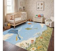 Kite Rug 160 x 230 cm, Dusty Blue Kids Rug for Bedroom Playroom Nursery | Paper Kites Blue Sky Wildflowers Clouds, Nature Adventure Carpet for Children's Room, Nursery & Play Area