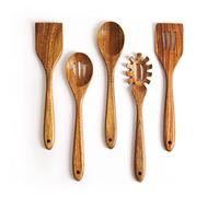 KITEISCAT Acacia Wooden Spoons for Cooking: 5-Piece Kitchen & Cooking Utensils Set - Wooden Spatula, Slotted & Pasta Spoon - Essential Wooden Utensil Set