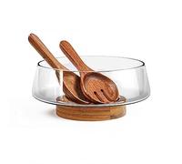 KITEISCAT Extra Large Glass Salad Bowl Set - Salad Bowls for Party with Acacia Wood Base and Salad Serving Utensils - Elegant and Practical Kitchen Must-Have