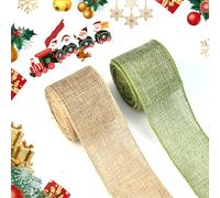 KITERI 2 Roll Burlap Fabric Craft Ribbon, 2 inch Wired Burlap Ribbons Natural Jute Fabric Craft Ribbons Hessian Ribbon Christmas Wrapping Ribbones for Xmas Wedding Gifts