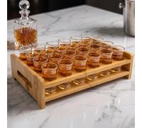 KITERI 24 Pack Shot Glass Set with Bamboo Holder Tray Stand | Bamboo Holder + 24 Glass Shot Cups, 15-20ml Each, Clear, Thick Base, 25x15.8x6.5cm, For Whisky, Vodka, Rum, Home Bar, Parties