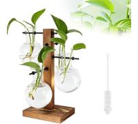 KITERI Plant Propagation Stations, 4 Bulb Vintage Avocado Vase Modern Glass Planter Desktop Propagation Stations Plant Terrarium with Wooden Stand for Hydroponic Plants Cuttings Office Home Decor