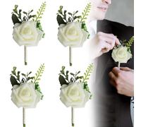 KITERI Rose Wedding Boutonniere, 4 Pcs White Boutonniere Handmade Corsage Buttonhole Flowers Artificial Wedding Flower Buttonhole Corsage with Pin Clip for Groom Men Bridal Women Suit Dress,White