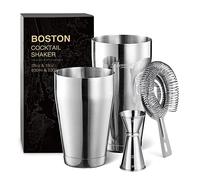 KITESSENSU Boston Cocktail Shaker Set, 4-Piece Boston Shaker Tins Bartender Kit with 18oz & 28oz Mixed Drink Shaker, Hawthorne Strainer, Double Measuring Jigger, Cocktail Recipe Cards Included