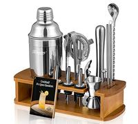 KITESSENSU Cocktail Making Set with Stand, Cocktail Shaker Set Bartender Kits Bar Tools Drink Mixer - Martini Shaker, Jigger, Strainer, Mixer Spoon, Muddler, Liquor Pourers - Silver