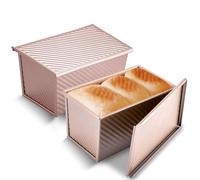 KITESSENSU Pullman Loaf Pan with Lid 2 Pack, 1 lb Dough Capacity Non-Stick Bakeware for Baking Bread, Carbon Steel Corrugated Bread Toast Box Mold with Cover for Baking Bread, Gold