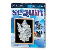 Kitfix - Sequin Art White Cat with Wooden Frame - 27 x 36cm - Sequin Art Blue Premium - Creative Set - Craft Kit for Adults, Teenagers and Children Aged 8+ - 1711