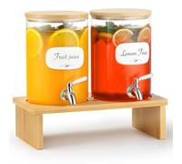 KitHero 1 Gallon Glass Drink Dispenser for Parties. 2 Pack Glass Beverage Dispenser with Bamboo Stand,18/8 Stainless Steel Spigot and Bamboo Lid, 8 Waterproof Labels.Usde as Lemonade,Iced& Hot Drinks.