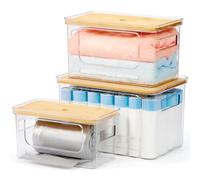 KitHero 3-Pack Trash Bag Holder,Trash Bag Dispenser with Bamboo Lid, Stackable Acrylic Garbage Bag Dispenser for Under Sink Use in Kitchen, Laundry Room, and Pantry, Large Capacity Garbage Bag Holder