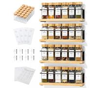 KitHero 4-Tier Wall Mount Spice Rack Organizer with 24 Glass Jars, 216 Labels & Funnel - Screw/Adhesive Mount, Black Metal & Bamboo Spice Storage for Kitchen Pantry Cabinet, 11.6”W x 2.4”D x 3.2”H
