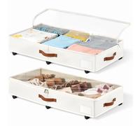 KitHero 6 Inches Under Bed Storage with Wheels Pack of 2, Underbed Shoe Storage Container Bin with Clear Lid Cover, Rolling Under Bed Drawer Storage Bag Basket for Shoe Organizer Sheet Sweater - White