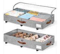KitHero 6 Inches Under Bed Storage with Wheels Pack of 2, Underbed Shoe Storage Container Bin with Clear Lid Cover, Rolling Under Bed Drawer Bag Basket for Shoe Organizer Sheet Sweater - Grey