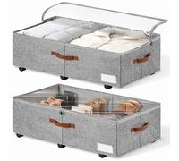 KitHero 60L Large Under Bed Storage with Wheels Pack of 2, Underbed Shoe Container Bin with Clear Lid Cover, 10.5 Inches Rolling Under Bed Drawer Storage Bag Basket for Boots Quilt Sweater - Grey