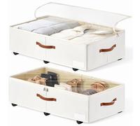 KitHero 60L Large Under Bed Storage with Wheels Pack of 2, Underbed Shoe Container Bin with Clear Lid Cover, 10.5 Inches Rolling Under Bed Drawer Storage Bag Basket for Boots Quilt Sweater - White