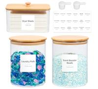 KitHero Glass Laundry Pods Container & Acrylic Dryer Sheet Holder with Bamboo Lids, Scoops & Labels | Premium Laundry Room Organization and Storage for Detergent Pods, Powder, Dryer Balls & Beads