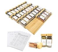 KitHero Spice Drawer Organizer with 28 Bamboo-lidded Spice Jars,216 Labels,25 Non-slip Rubber, Bamboo 4 Tier Seasoning Rack Tray Insert for Kitchen Drawers,Cabinets,Countertop,14.6" Wide x 15.8" Deep