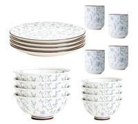 Kithing 16-Piece Dinner Set,Plates, Bowls and Cups Ceramic Kitchen Dinnerware Sets with Dessert/Soup/Dinner Plates，Blue Floral Pattern Dinnerware Set for Dining& Restaurant Use，Two of Each Style