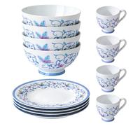Kithing Dinner Set,Plates, Bowls and Cups Ceramic Kitchen Dinnerware Sets with Dessert/Soup/Dinner Plates，Blue Floral Pattern Dinnerware Set for Dining& Restaurant Use，Two of Each Style (12, h)