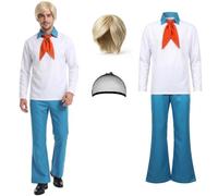 Kitimi 5 PCS Adult Halloween Costume Set for Men | Classic Detective Cosplay Long Sleeve Shirt with Blonde Wig Brooch Pin and Blue Pants
