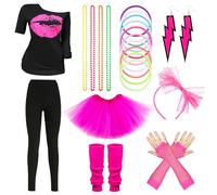 Kitimi 80s Fancy Dress for Women, 20PCS Accessories, Tops, Leg Warmers, Earrings & Necklace for 80s Theme Party