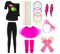 Kitimi 80s Fancy Dress With 20PCS Accessories, Tops & Leg Warmers w/ Earrings & Necklace for Theme Party