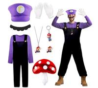 Kitimi Adult Super Plumber Fancy Dress Costume, Villain Plumber Overalls Moustache Hat Workman Dress Up Outfit, Character Cosplay Costume for Halloween Carnival Party for Women Men(Purple+Black)