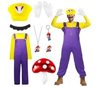 Kitimi Adult Super Plumber Fancy Dress Costume, Villain Plumber Overalls Moustache Hat Workman Dress Up Outfit, Character Cosplay Costume for Halloween Carnival Party for Women Men(Yellow+Purple)