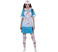 Kitimi Bloody Nurse Costume + Apron Stockings Women's Halloween Costume Ladies Zombie Fancy Dress Outfit for Halloween Carnival Themed Party Cosplay
