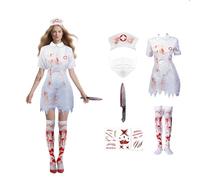 Kitimi Bloody Nurse Halloween Costume Set, Women Zombie Nurse Outfit with Skirt Hairband Stockings, Adults Bloody Fancy Dress Costume for Halloween Carnival Themed Party Cosplay