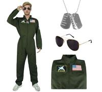 Kitimi Costumes Men Pilot Costume Aviator Fancy Dress, 3PCS Air Force Flight Outfit with Sunglasses Accessories, Adult Fighter Costume Flight Suit for Halloween Carnaval Party Cosplay