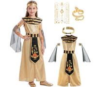 Kitimi Egyptian Cleopatra Costume Kids Girls, Egyptian Queen Outfit with Headgear Tattoo Sticker Ring ect, Princess Fancy Dress Up Set for Cosplay Party Halloween World Book Day