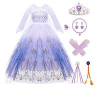 Kitimi Elsa Dress up for Girls Princess Costumes with Crown Magic Wand Wig, World Book Day Costume Kids Fancy Dress Disney Princess Dress Up Outfit for Christmas Halloween Carnival Birthday Cosplay