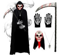 Kitimi Grim Reaper Costume Adult, Grim Reaper Costume Men, Halloween Death Fancy Dress Set with Black Cloak, Scythe,Skeleton Gloves Mask Skull necklace