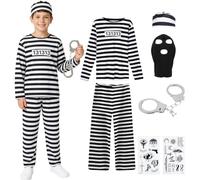 Kitimi Halloween Prisoner Costume Kids Convict Suit Prisoner Outfit Inmate Criminal Costume Jail Break Fancy Dress with Handcuffs Sticker for Boys Girls Halloween Carnival Party