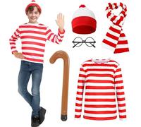 Kitimi Kids World Book Day Costume Long-Sleeved Red and White Striped T-Shir, White & Red Bobble Hat+Round Glasses+Balloon, Wally Costume Cosplay Set, Boys World Book Day Carnival Fancy Dress Outfit