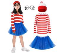 Kitimi Kids World Book Day Costume Long-Sleeved Red and White Striped T-Shir, White & Red Bobble Hat, Wally Costume Cosplay Set, Boys Girls World Book Day Carnival Fancy Dress Outfit
