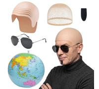 Kitimi Latex Bald Cap 5Pcs for Adults Men Women Costume Accessory with Sunglasses Black Soul Patch, Realistic Skin Bald Head Skull Wig Cap Famous Rapper Cosplay Halloween Fancy Dress Up