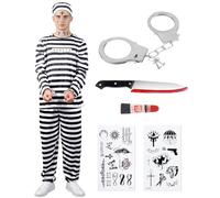 Kitimi Mens Prisoner Costume Black and White Convict Suit with Shirt Trousers Hat Striped Jail Break Prison Uniform with Handcuffs Criminal Costume Dress Up Outfit Adult Mens Fancy Dress Halloween