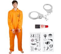 Kitimi Mens Prisoner Costume Orange Convict Suit Orange Prison Jumpsuit with Handcuffs Criminal Costume Jail Overall Dress Up Outfit Adult Mens Women Fancy Dress Halloween