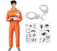 Kitimi Mens Prisoner Costume Orange Convict Suit Orange Prison Jumpsuit with Handcuffs & I.D Board Criminal Costume Jail Overall Dress Up Outfit Adult Mens Women Fancy Dress Halloween