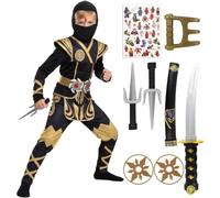 Kitimi Ninja Costume Kids Boys Girls Ninja Set with Armour Tatto Ninjago Dragon Costume Halloween Carnival Cosplay Christmas Fancy Dress Dress Up Costume Kung Fu Outfit Gold Green Red Black