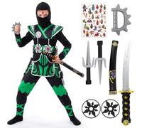 Kitimi Ninja Costume Kids Boys Girls Ninja Set with Armour Tatto Ninjago Dragon Costume Halloween Carnival Cosplay Christmas Fancy Dress Dress Up Costume Kung Fu Outfit Gold Green Red Black
