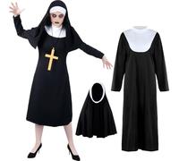 Kitimi Nun Costume Women, 3 Pieces Black Nun Costumes for Women, Classic Halloween Nuns Dress Up Costumes with Hood Cross Chain for Carnival, Theme Party, Costume Party