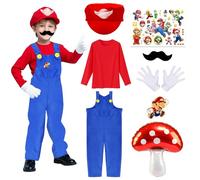 Kitimi Super Bro Costume Kids, Super Workman Fancy Dress Costume Set, Kids Plumber Costumes with Red Top Dungarees Hat Mustaches Gloves Brooch, Carnival Halloween Cosplay Costumes for Boys and Girls