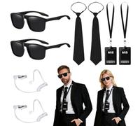 Kitimi Woman Man in Black, Agent Costume Accessories Set, Spy Secret Service Outfit Set with ID Holders Ties Sunglasses Earpieces Inflatable Aliens for Halloween World Book Day Film Party Cosplay