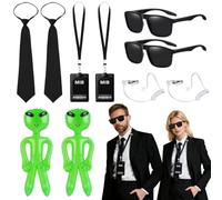 Kitimi Woman Man in Black, Agent Costume Accessories Set, Spy Secret Service Outfit Set with ID Holders Ties Sunglasses Earpieces Inflatable Aliens for Halloween World Book Day Film Party Cosplay