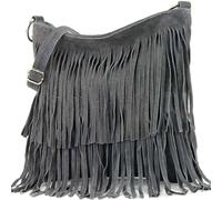 Kitise Boho Style Italian Fringed Suede Crossbody Bag In Dark Grey Dark Grey